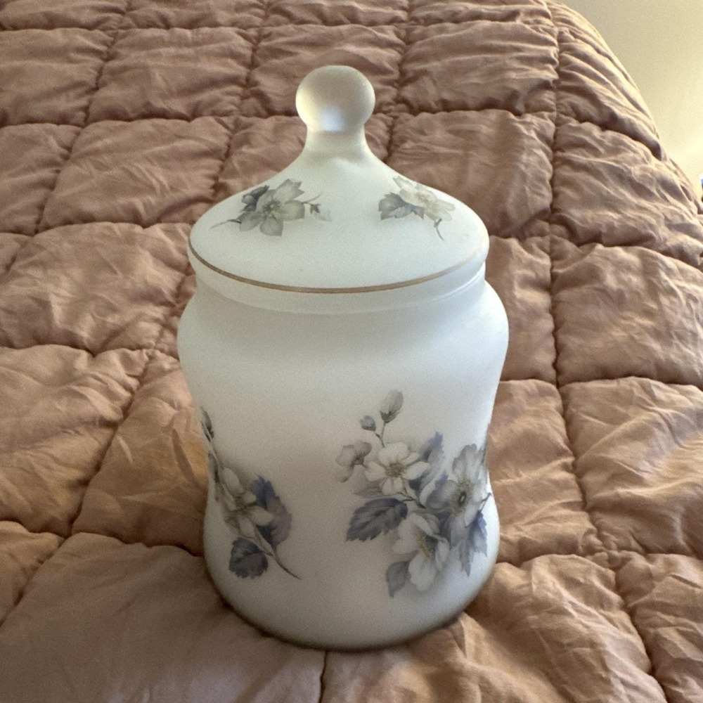 Vtg Norleans Frosted Glass Jar with Lid Hand Painted Flowers Made in Italy